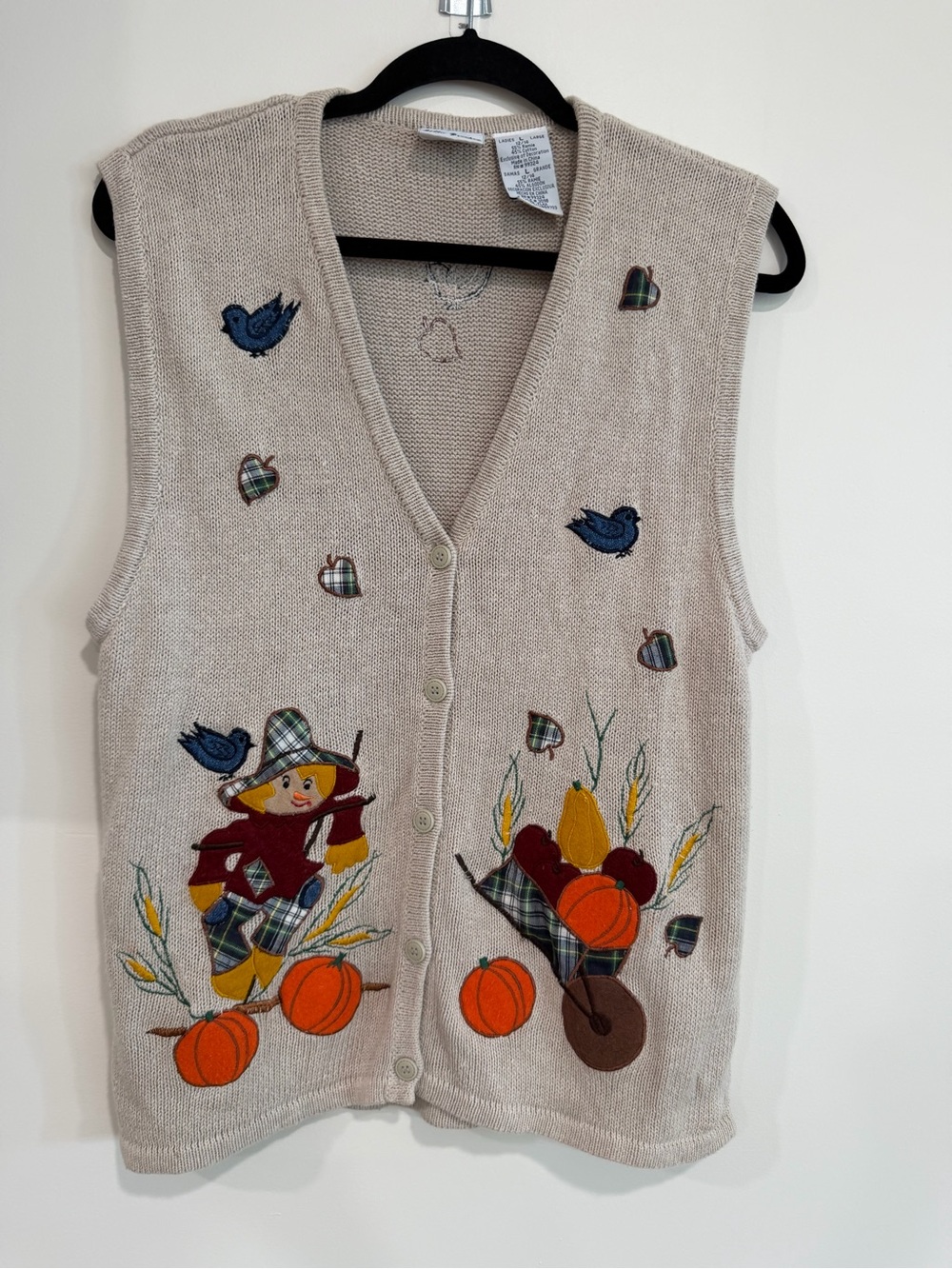 Bobbie Brooks Beige Knit Vest with Embroidered Autumn Motif